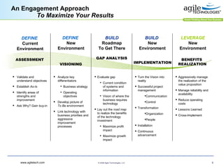 An Engagement Approach   To Maximize Your Results DEFINE   Current Environment DEFINE   New Environment BUILD Roadmap To Get There BUILD   New Environment LEVERAGE New Environment Validate and understand objectives Establish  As-Is Identify areas of strengths and improvement Ask Why? Gain buy-in Analyze key differentiators Business strategy Operating objectives Develop picture of  To Be  environment Link technology with business priorities and aggressive improvement processes Evaluate gap Current condition of systems and information Vision of where the business requires technology Lay out the  road map  to realize the benefits of the technology investment Maximize profit impact Maximize growth impact Turn the Vision into reality Successful project management Communication Control Transformation Organization People Installation Continuous advancement Aggressively manage the realization of the value proposition Manage reliability and  availability Reduce operating costs Lessons Learned Cross-Implement ASSESSMENT VISIONING GAP ANALYSIS IMPLEMENTATION BENEFITS  REALIZATION 