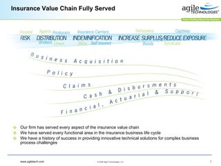 Insurance Value Chain Fully Served Our firm has served every aspect of the insurance value chain We have served every functional area in the insurance business life cycle We have a history of success in providing innovative technical solutions for complex business process challenges 