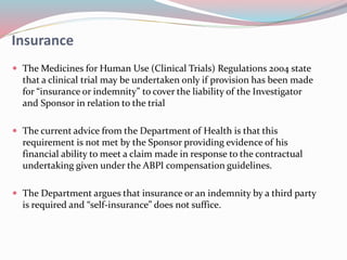 Insurance, compensation and indemnification of trial subjects | PPTX