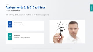 FETAC DEADLINES
The following FETAC Assessment Deadlines are for the below assignments:

13

Assignment 1

Insurance Market

DEC

20
Mar

Assignment 2

Company / Broker Analysis

PAGE 4

Assignments 1 & 2 Deadlines

 