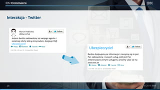 Interakcja - Twitter
Jestem bardzo zadowolony ze swojego agenta i
ostatniej oferty którą otrzymałem, dziękuje @
Ubezpieczyciel
Bardzo dziękujemy za informacje i cieszymy się że jest
Pan zadowolony z naszych usług, jeśli jest Pan
zinteresowany innymi usługami, prosimy udać sie na
xxxx.xxxx.xx
Marcin Podchalicz
@MarcinPod
Ubezpieczyciel
 