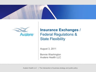 Insurance Exchanges /Federal Regulations & State Flexibility August 3, 2011 Bonnie Washington Avalere Health LLC 