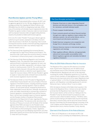 INSURANCE SECTOR TRENDS: FORECAST FOR 2017 AND 2016 YEAR END REVIEW  |  11
Post-Election Update and the Trump Effect
President Donald Trump entered office on January 20, 2017, with
an aggressive agenda for his first 100 days, pledging action on his
campaign promises from repealing the Patient Protection and
Affordable Care Act (ACA) to renegotiating trade deals. While
many of his promises will ultimately require congressional action, the
President has signed a number of executive orders to move forward
with his proposals. Executive orders are legally binding directives
issued by the president to federal administrative agencies.
In his very first order, President Trump gave relevant agencies
authority to grant waivers, exemptions and delays of actions
under the provisions in the ACA. His reasoning is that it would
minimize the economic burden of the ACA pending congressional
repeal. Other executive orders may indirectly impact the
insurance industry, such as:
■■ The Executive Order Expediting Environmental Reviews
and Approvals For High Priority Infrastructure Projects. This
executive order could impact the insurance industry’s interest
in investment in infrastructure project, as discussed below.
■■ The Executive Order Reducing Regulation and Controlling
Regulatory Costs. This executive order would require the
executive branch to eliminate two regulations for every new
one that is put into effect, arguing that it will reduce a major
burden on small businesses in the US. This could impact the
insurance industry because in the past few years multiple
federal agencies directly or indirectly issued regulations that
impact the insurance industry. With the new President’s agenda
to repeal or reduce the burden of Dodd-Frank and the ACA,
some insurance regulations may be rescinded.
■■ The Executive Order on Core Principles for Regulating the
United States Financial System sets core principles of financial
regulation of the Administration, including preventing taxpayer
bailouts, rigorously analyzing regulatory impact to address
systemic risk and market failures, empowering Americans to
make independent financial decisions. Although, the executive
order was widely characterized as commencing a roll-back of
financial regulations, including Dodd-Frank and the Fiduciary
Rule, it did not have immediate impact on financial regulation
and the President drafted a Presidential Memorandum
addressed to the Department of Labor regarding the Fiduciary
Rule (discussed below). The executive order also directs the
Secretary of Treasury to consult with the heads of the member
agencies of the FSOC and report to the President within
120 days (from February 3, 2017 and periodically thereafter)
on the extent to which existing laws, treaties, regulations,
guidance, reporting and recordkeeping requirements and other
government policies and actions that have been taken promote
or inhibit the Core Principles.
The Core Principles set forth are:
■■ Empower Americans to make independent financial
decisions and informed choices in the marketplace, save
for retirement, and build individual wealth
■■ Prevent taxpayer-funded bailouts
■■ Foster economic growth and vibrant financial markets
through more rigorous regulatory impact analysis that
addresses systemic risk and market failures, such as
moral hazard and information asymmetry
■■ Enable American companies to be competitive with
foreign firms in domestic and foreign markets
■■ Advance American interest in international regulatory
negotiations and meetings
■■ Make regulation efficient, effective, and appropriately
tailored and restore public accountability within
federal regulatory agencies and rationalize the federal
regulatory framework.
What the 2016 Federal Elections Mean for Insurance
The Republican Party swept the 2016 elections at multiple
levels of government. Republicans won the White House
and maintained control of the US Senate and the US House
of Representatives. Republicans also won at the state level,
increasing the number of Republican governors to 33 and the
control of both chambers of state legislatures to 32 states, while
Democrats only have total control of six states. Republicans have
a “political trifecta” in 24 of the 32 states (meaning Republican
governor with Republican-controlled legislatures). In contrast,
Democrats have a “political trifecta” in just six states.
With the balance of power at the federal level squarely in the
hands of the Republican Party, it remains to be seen whether
promises that the Republicans have made that will impact
the insurance industry will be carried out. Adding to the mix,
President Trump has demonstrated his propensity to take
executive action where he deems necessary. Therefore, every
avenue of policymaking at the federal level must be monitored.
Particularly, insurance policy will be set by the House Financial
Services Committees and the Senate Banking Committee of the
115th Congress and the Department of Treasury of the Trump
Administration (not to mention President Trump, directly).
Overview of the Outcome of the Federal Elections
■■ There are 52 Republicans in the Senate and 48 in the
Democratic caucus (including two Independents). Democrats
 