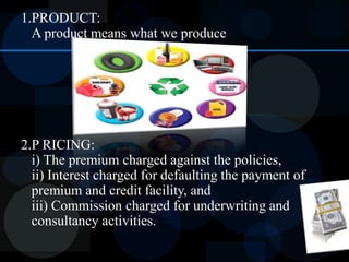 Cont......INSURANCE MARKETING the marketing of Insurance services with the aim to create customer and generate profit through customer satisfaction.MARKETING –MIX FOR INSURANCE COMPANIESis the combination of marketing activities that an organisation engages in so asto best meet the needs of its targeted market. 