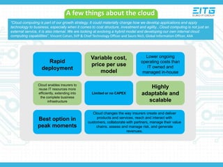 A few things about the cloud
Rapid
deployment
Variable cost,
price per use
model
Lower ongoing
operating costs than
IT owned and
managed in-house
Cloud enables insurers to
reuse IT resources more
efficiently, extending into
the complete business
infrastructure
Limited or no CAPEX
Highly
adaptable and
scalable
Best option in
peak moments
Cloud changes the way insurers create and deliver
products and services, reach and interact with
customers, collaborate with partners, manage their value
chains, assess and manage risk, and generate
revenues.
“Cloud computing is part of our growth strategy. It could materially change how we develop applications and apply
technology to business, especially when it comes to cost structure, investment and agility...Cloud computing is not just an
external service, it is also internal. We are looking at evolving a hybrid model and developing our own internal cloud
computing capabilities”. Vincent Cohan, SVP & Chief Technology Officer and Sauro Nicli, Global Information Officer, AXA
 