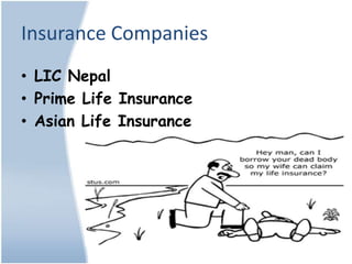 Insurance Companies
• LIC Nepal
• Prime Life Insurance
• Asian Life Insurance
 