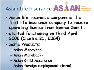 Asian Life Insurance
• Asian life insurance company is the
  first life insurance company to receive
  operating license from Beema Samiti.
• started functioning on third April,
  2008 (Chaitra 21, 2064)
• Some Products:
  – Asian   Moneyback
  – Asian   Moneback-
  – Asian   Child Assurance
  – Asian   foreign employment (term)
 