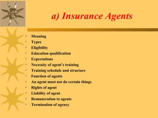 a) Insurance Agents
• Meaning
• Types
• Eligibility
• Education qualification
• Expectations
• Necessity of agent’s training
• Training schedule and structure
• Function of agents
• An agent must not do certain things
• Rights of agent
• Liability of agent
• Remuneration to agents
• Termination of agency
 