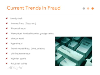 Current Trends in Fraud 
Identity theft 
Internet fraud (Ebay, etc.) 
Financial fraud 
Newspaper fraud (obituaries, garage sales) 
Vendor fraud 
Agent fraud 
Travel-related fraud (theft, deaths) 
Life insurance fraud 
Nigerian scams 
Fake hail claims 
 