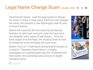 Legal Name Change Scam (Seattle, WA) 
Teeshawndra Nelson used the legal system to change 
her name 11 times in three years. Each time she changed 
her name, she obtained a new Washington state ID card 
or driver's license. 
Nelson then used the IDs and stolen Social Security 
Numbers to open bank accounts under her new name 
and allegedly wrote scores of bad checks. Once the 
bank caught on to the fraud, she would go back to court 
to change her name and begin the cycle anew. 
Nelson is one of 11 defendants facing federal charges as 
a result of "Operation Name Game," a lengthy 
investigation of a sophisticated new form of identity theft 
that exploits the surprisingly easy process for legally 
changing names. 
 