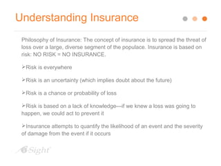 Understanding Insurance 
Philosophy of Insurance: The concept of insurance is to spread the threat of 
loss over a large, diverse segment of the populace. Insurance is based on 
risk: NO RISK = NO INSURANCE. 
Risk is everywhere 
Risk is an uncertainty (which implies doubt about the future) 
Risk is a chance or probability of loss 
Risk is based on a lack of knowledge—if we knew a loss was going to 
happen, we could act to prevent it 
Insurance attempts to quantify the likelihood of an event and the severity 
of damage from the event if it occurs 
 