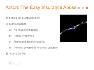 Arson: The Easy Insurance Abuse 
1) Faking the Electrical Short 
2) Signs of abuse: 
a) No household goods 
b) Rental Properties 
c) Flame and Smoke Patterns 
d) Pending Divorce or Financial Litigation 
3) Agent Conflict 
 