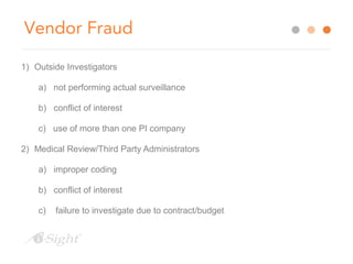 Vendor Fraud 
1) Outside Investigators 
a) not performing actual surveillance 
b) conflict of interest 
c) use of more than one PI company 
2) Medical Review/Third Party Administrators 
a) improper coding 
b) conflict of interest 
c) failure to investigate due to contract/budget 
 