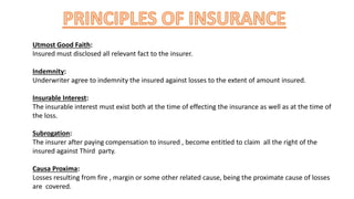 Utmost Good Faith:
Insured must disclosed all relevant fact to the insurer.
Indemnity:
Underwriter agree to indemnity the insured against losses to the extent of amount insured.
Insurable Interest:
The insurable interest must exist both at the time of effecting the insurance as well as at the time of
the loss.
Subrogation:
The insurer after paying compensation to insured , become entitled to claim all the right of the
insured against Third party.
Causa Proxima:
Losses resulting from fire , margin or some other related cause, being the proximate cause of losses
are covered.
 
