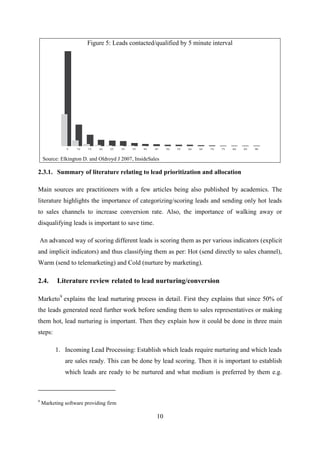 10
Figure 5: Leads contacted/qualified by 5 minute interval
Source: Elkington D. and Oldroyd J 2007, InsideSales
2.3.1. Summary of literature relating to lead prioritization and allocation
Main sources are practitioners with a few articles being also published by academics. The
literature highlights the importance of categorizing/scoring leads and sending only hot leads
to sales channels to increase conversion rate. Also, the importance of walking away or
disqualifying leads is important to save time.
An advanced way of scoring different leads is scoring them as per various indicators (explicit
and implicit indicators) and thus classifying them as per: Hot (send directly to sales channel),
Warm (send to telemarketing) and Cold (nurture by marketing).
2.4. Literature review related to lead nurturing/conversion
Marketo9
explains the lead nurturing process in detail. First they explains that since 50% of
the leads generated need further work before sending them to sales representatives or making
them hot, lead nurturing is important. Then they explain how it could be done in three main
steps:
1. Incoming Lead Processing: Establish which leads require nurturing and which leads
are sales ready. This can be done by lead scoring. Then it is important to establish
which leads are ready to be nurtured and what medium is preferred by them e.g.
9
Marketing software providing firm
 