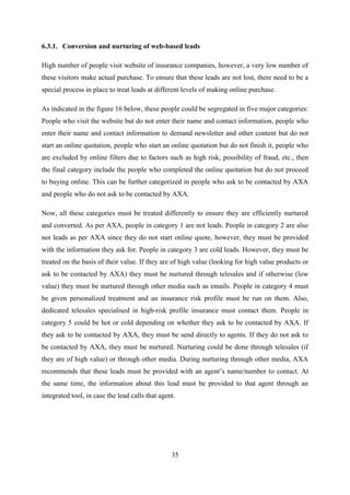 35
6.3.1. Conversion and nurturing of web-based leads
High number of people visit website of insurance companies, however, a very low number of
these visitors make actual purchase. To ensure that these leads are not lost, there need to be a
special process in place to treat leads at different levels of making online purchase.
As indicated in the figure 16 below, these people could be segregated in five major categories:
People who visit the website but do not enter their name and contact information, people who
enter their name and contact information to demand newsletter and other content but do not
start an online quotation, people who start an online quotation but do not finish it, people who
are excluded by online filters due to factors such as high risk, possibility of fraud, etc., then
the final category include the people who completed the online quotation but do not proceed
to buying online. This can be further categorized in people who ask to be contacted by AXA
and people who do not ask to be contacted by AXA.
Now, all these categories must be treated differently to ensure they are efficiently nurtured
and converted. As per AXA, people in category 1 are not leads. People in category 2 are also
not leads as per AXA since they do not start online quote, however, they must be provided
with the information they ask for. People in category 3 are cold leads. However, they must be
treated on the basis of their value. If they are of high value (looking for high value products or
ask to be contacted by AXA) they must be nurtured through telesales and if otherwise (low
value) they must be nurtured through other media such as emails. People in category 4 must
be given personalized treatment and an insurance risk profile must be run on them. Also,
dedicated telesales specialised in high-risk profile insurance must contact them. People in
category 5 could be hot or cold depending on whether they ask to be contacted by AXA. If
they ask to be contacted by AXA, they must be send directly to agents. If they do not ask to
be contacted by AXA, they must be nurtured. Nurturing could be done through telesales (if
they are of high value) or through other media. During nurturing through other media, AXA
recommends that these leads must be provided with an agent‘s name/number to contact. At
the same time, the information about this lead must be provided to that agent through an
integrated tool, in case the lead calls that agent.
 