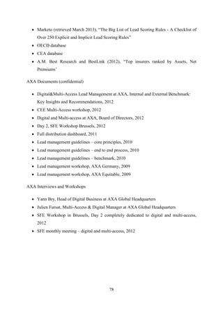 78
 Marketo (retrieved March 2013), ―The Big List of Lead Scoring Rules - A Checklist of
Over 250 Explicit and Implicit Lead Scoring Rules‖
 OECD database
 CEA database
 A.M. Best Research and BestLink (2012), ―Top insurers ranked by Assets, Net
Premiums‘
AXA Documents (confidential)
 Digital&Multi-Access Lead Management at AXA, Internal and External Benchmark:
Key Insights and Recommendations, 2012
 CEE Multi-Access workshop, 2012
 Digital and Multi-access at AXA, Board of Directors, 2012
 Day 2, SFE Workshop Brussels, 2012
 Full distribution dashboard, 2011
 Lead management guidelines – core principles, 2010
 Lead management guidelines – end to end process, 2010
 Lead management guidelines – benchmark, 2010
 Lead management workshop, AXA Germany, 2009
 Lead management workshop, AXA Equitable, 2009
AXA Interviews and Workshops
 Yann Bry, Head of Digital Business at AXA Global Headquarters
 Julien Fursat, Multi-Access & Digital Manager at AXA Global Headquarters
 SFE Workshop in Brussels, Day 2 completely dedicated to digital and multi-access,
2012
 SFE monthly meeting – digital and multi-access, 2012
 