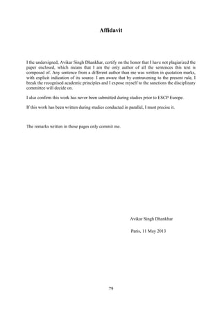 79
Affidavit
I the undersigned, Avikar Singh Dhankhar, certify on the honor that I have not plagiarized the
paper enclosed, which means that I am the only author of all the sentences this text is
composed of. Any sentence from a different author than me was written in quotation marks,
with explicit indication of its source. I am aware that by contravening to the present rule, I
break the recognised academic principles and I expose myself to the sanctions the disciplinary
committee will decide on.
I also confirm this work has never been submitted during studies prior to ESCP Europe.
If this work has been written during studies conducted in parallel, I must precise it.
The remarks written in those pages only commit me.
Avikar Singh Dhankhar
Paris, 11 May 2013
 