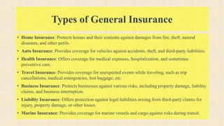 Types of General Insurance
• Home Insurance: Protects homes and their contents against damages from fire, theft, natural
disasters, and other perils.
• Auto Insurance: Provides coverage for vehicles against accidents, theft, and third-party liabilities.
• Health Insurance: Offers coverage for medical expenses, hospitalization, and sometimes
preventive care.
• Travel Insurance: Provides coverage for unexpected events while traveling, such as trip
cancellations, medical emergencies, lost baggage, etc.
• Business Insurance: Protects businesses against various risks, including property damage, liability
claims, and business interruption.
• Liability Insurance: Offers protection against legal liabilities arising from third-party claims for
injury, property damage, or other losses.
• Marine Insurance: Provides coverage for marine vessels and cargo against risks during transit.
 