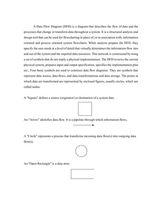 A Data Flow Diagram (DFD) is a diagram that describes the flow of data and the
processes that change or transform data throughout a system. It is a structured analysis and
design tool that can be used for flowcharting in place of, or in association with, information
oriented and process oriented system flowcharts. When analysts prepare the DFD, they
specify the user needs at a level of detail that virtually determines the information flow into
and out of the system and the required data resources. This network is constructed by using
a set of symbols that do not imply a physical implementation. The DFD reviews the current
physical system, prepares input and output specification, specifies the implementation plan
etc., Four basic symbols are used to construct data flow diagrams. They are symbols that
represent data source, data flows, and data transformations and data storage. The points at
which data are transformed are represented by enclosed figures, usually circles, which are
called nodes.
A "Square" defines a source (originator) or destination of a system data.
An "Arrow" identifies data flow. It is a pipeline through which information flows.
A "Circle" represents a process that transforms incoming data flow(s) into outgoing data
flow(s).
An "Open Rectangle" is a data store.
 