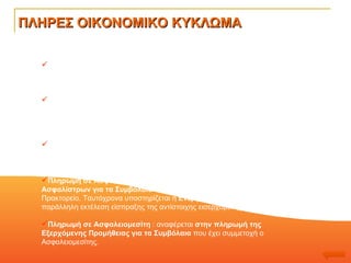 ΠΛΗΡΕΣ ΟΙΚΟΝΟΜΙΚΟ ΚΥΚΛΩΜΑ Το Οικονομικό Κύκλωμα υποστηρίζει όλες τις οικονομικές συναλλαγές του Ασφαλιστικού Πρακτορείου. Είσπραξη από Πελάτη  : αναφέρεται  στην είσπραξη των Μικτών Ασφαλίστρων για τα Συμβόλαια  που έχει χρεωθεί ο κάθε Πελάτης του Πρακτορείου.  Είσπραξη από Ασφαλειομεσίτη  : αναφέρεται  στην είσπραξη των Μικτών Ασφαλίστρων   για τα Συμβόλαια  που έχουν χρεωθεί στον Ασφαλειομεσίτη. Ταυτόχρονα υποστηρίζεται η  Ενεργοποίηση Συμψηφισμού  για την παράλληλη εκτέλεση της πληρωμής της αντίστοιχης εξερχόμενης προμήθειας.  Είσπραξη από Ασφαλιστική  :  αναφέρεται  στην είσπραξη της Εισερχόμενης Προμήθειας για τα Συμβόλαια  που έχουν εκδοθεί από τις Ασφαλιστικές Εταιρείες.  Πληρωμή σε Ασφαλιστική  : αναφέρεται  στην πληρωμή των Μικτών Ασφαλίστρων για τα Συμβόλαια  που έχει εκδώσει η Ασφαλιστική προς το Πρακτορείο. Ταυτόχρονα υποστηρίζεται η  Ενεργοποίηση Συμψηφισμού  για την παράλληλη εκτέλεση είσπραξης της αντίστοιχης εισερχόμενης προμήθειας.   Πληρωμή σε Ασφαλειομεσίτη  : αναφέρεται  στην πληρωμή της Εξερχόμενης Προμήθειας για τα Συμβόλαια  που έχει συμμετοχή ο Ασφαλειομεσίτης. 