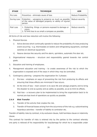 26
STAGE TECHNIQUE AIM
Pre Loss Preventive - eliminate cause of loss Reduce Probability
During Loss Protection - salvaging to preserve as much as possible
of the value of damaged property or ability of injured
person
Reduce severity
Post Loss 1. Protecting things or persons exposed to damage or
injury.
2. To limit loss to as small a compass as possible.
Reduce severity
All forms of risk and loss reduction will involve the following:
1. Physical Devices
i) Active devices which continually operate to reduce the probability of a loss producing
event occurring - e.g. thermostats on boilers and refrigerating equipment, overload
switches on electrical equipment.
ii) Passive devices like security and fire alarm, sprinklers, automatic fire door etc.
2. Organisational measures - structure and responsibility geared towards risk control
goals.
3. Education and training of employees.
4. Management education and training - to create awareness of the risk to which the
organization is exposed and of the ways in which they may be controlled.
5. Contingency planning - prepares the organization for 3 phases:
i) Pre-loss - emphasis on ways of preventing the risk from producing its effects and
ensuring that those effects are minimized if loss occurs.
ii) At the time of loss - main concern is to save life and salvage property and to bring
the disaster to end as quickly and as safely as possible, so as to limit its effects.
iii) Post loss - a recovery plan to be implemented to bring the organization back to its
normal pre-loss level of operations as quickly as possible.
2.4.4 Risk Transfer
1. Transfer of the activity that creates the risk.
2. Transfer of financial losses arising from the occurrence of the risk e.g. subcontracting
hazardous activities - transfer of liability to contractor etc.
Transfer of liability risks by contract, is by exclusion clause, hold harmless clause or indemnity
clause.
This contract for transfer of risks is entered into by the parties to the contract whereby
one party is relieved of his responsibility for loss/damage for which he is responsible under
 