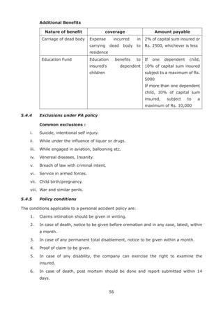 56
Additional Benefits
Nature of benefit coverage Amount payable
Carriage of dead body Expense incurred in
carrying dead body to
residence
2% of capital sum insured or
Rs. 2500, whichever is less
Education Fund Education benefits to
insured’s dependent
children
If one dependent child,
10% of capital sum insured
subject to a maximum of Rs.
5000
If more than one dependent
child, 10% of capital sum
insured, subject to a
maximum of Rs. 10,000
5.4.4 Exclusions under PA policy
Common exclusions :
i. Suicide, intentional self injury.
ii. While under the influence of liquor or drugs.
iii. While engaged in aviation, ballooning etc.
iv. Venereal diseases, Insanity.
v. Breach of law with criminal intent.
vi. Service in armed forces.
vii. Child birth/pregnancy.
viii. War and similar perils.
5.4.5 Policy conditions
The conditions applicable to a personal accident policy are:
1. Claims intimation should be given in writing.
2. In case of death, notice to be given before cremation and in any case, latest, within
a month.
3. In case of any permanent total disablement, notice to be given within a month.
4. Proof of claim to be given.
5. In case of any disability, the company can exercise the right to examine the
insured.
6. In case of death, post mortem should be done and report submitted within 14
days.
 