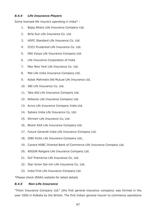 87
8.4.4 Life Insurance Players
Some licensed life insurers operating in India* :
1. Bajaj Allianz Life Insurance Company Ltd.
2. Birla Sun Life Insurance Co. Ltd.
3. HDFC Standard Life Insurance Co. Ltd.
4. ICICI Prudential Life Insurance Co. Ltd.
5. ING Vysya Life Insurance Company Ltd.
6. Life Insurance Corporation of India
7. Max New York Life Insurance Co. Ltd.
8. Met Life India Insurance Company Ltd.
9. Kotak Mahindra Old Mutual Life Insurance Ltd.
10. SBI Life Insurance Co. Ltd.
11. Tata AIG Life Insurance Company Ltd.
12. Reliance Life Insurance Company Ltd.
13. Aviva Life Insurance Company India Ltd.
14. Sahara India Life Insurance Co, Ltd.
15. Shriram Life Insurance Co, Ltd.
16. Bharti AXA Life Insurance Company Ltd.
17. Future Generali India Life Insurance Company Ltd.
18. IDBI Fortis Life Insurance Company Ltd.,
19. Canara HSBC Oriental Bank of Commerce Life Insurance Company Ltd.
20. AEGON Religare Life Insurance Company Ltd.
21. DLF Pramerica Life Insurance Co. Ltd.
22. Star Union Dai-ichi Life Insurance Co. Ltd.
23. India First Life Insurance Company Ltd.
*Please check IRDA’s website for latest details
8.4.5 Non-Life Insurance
“Triton Insurance Company Ltd.” (the first general insurance company) was formed in the
year 1850 in Kolkata by the British. The first Indian general insurer to commence operations
 