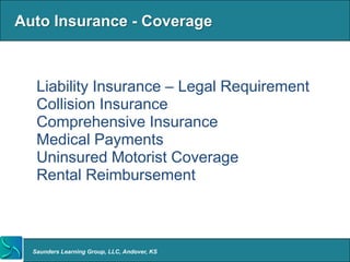 Auto Insurance - Coverage



 •    Liability Insurance – Legal Requirement
 •    Collision Insurance
 •    Comprehensive Insurance
 •    Medical Payments
 •    Uninsured Motorist Coverage
 •    Rental Reimbursement



     Saunders Learning Group, LLC, Andover, KS
 