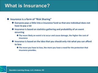 What is Insurance?

 Insurance is a form of “Risk Sharing”
     Everyone pays a little into a insurance fund so that one individual does not
      have to pay a lot
     Insurance is based on statistics gathering and probability of an event
      occurring
           The more likely an event is to occur and cause damage, the higher the cost of
            insurance
     Insurance is based on the idea that you should only risk what you can afford
      to lose
           The more you have to lose, the more you have a need for the protection that
            insurance provides.




  Saunders Learning Group, LLC, Andover, KS
 