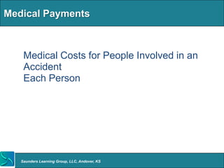 Medical Payments



  • Medical Costs for People Involved in an
    Accident
  • Each Person




   Saunders Learning Grou...