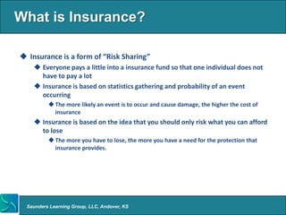 What is Insurance?

 Insurance is a form of “Risk Sharing”
     Everyone pays a little into a insurance fund so that one...