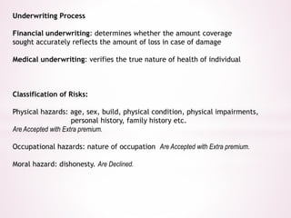 Underwriting Process 
Financial underwriting: determines whether the amount coverage 
sought accurately reflects the amount of loss in case of damage 
Medical underwriting: verifies the true nature of health of individual 
Classification of Risks: 
Physical hazards: age, sex, build, physical condition, physical impairments, 
personal history, family history etc. 
Are Accepted with Extra premium. 
Occupational hazards: nature of occupation Are Accepted with Extra premium. 
Moral hazard: dishonesty. Are Declined. 
 