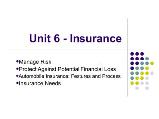 Unit 6 - Insurance
Manage   Risk
Protect Against Potential Financial Loss
Automobile   Insurance: Features and Process
Insurance    Needs
 