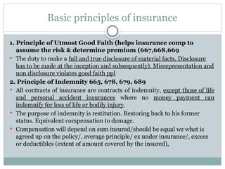 Basic principles of insurance
1. Principle of Utmost Good Faith (helps insurance comp to
assume the risk & determine premium (667,668,669
 The duty to make a full and true disclosure of material facts. Disclosure
has to be made at the inception and subsequently). Misrepresentation and
non disclosure violates good faith ppl
2. Principle of Indemnity 665, 678, 679, 689
 All contracts of insurance are contracts of indemnity, except those of life
and personal accident insurances where no money payment can
indemnify for loss of life or bodily injury.
 The purpose of indemnity is restitution. Restoring back to his former
status. Equivalent compensation to damage.
 Compensation will depend on sum insured/should be equal wz what is
agreed up on the policy/, average principle/ ex under insurance/, excess
or deductibles (extent of amount covered by the insured),
 