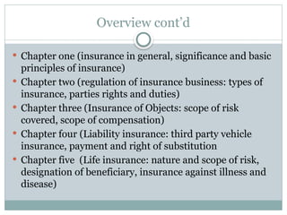 Overview cont’d
 Chapter one (insurance in general, significance and basic
principles of insurance)
 Chapter two (regulation of insurance business: types of
insurance, parties rights and duties)
 Chapter three (Insurance of Objects: scope of risk
covered, scope of compensation)
 Chapter four (Liability insurance: third party vehicle
insurance, payment and right of substitution
 Chapter five (Life insurance: nature and scope of risk,
designation of beneficiary, insurance against illness and
disease)
 