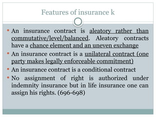 Features of insurance k
 An insurance contract is aleatory rather than
commutative/level/balanced. Aleatory contracts
have a chance element and an uneven exchange
 An insurance contract is a unilateral contract (one
party makes legally enforceable commitment)
 An insurance contract is a conditional contract
 No assignment of right is authorized under
indemnity insurance but in life insurance one can
assign his rights. (696-698)
 