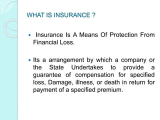 WHAT IS INSURANCE ?
 Insurance Is A Means Of Protection From
Financial Loss.
 Its a arrangement by which a company or
the State Undertakes to provide a
guarantee of compensation for specified
loss, Damage, illness, or death in return for
payment of a specified premium.
 