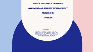 INDIAN INSURANCE INDUSTRY
OVERVIEW AND MARKET DEVELOPMENT
ANALYSIS IN
2022-23
​GROUP 7
ADITYA, REESHMIKA, SONALI,
SHRAVANI, SUPARNA, ROHAN
SHRUTI, ALLEN, KUNAL
 