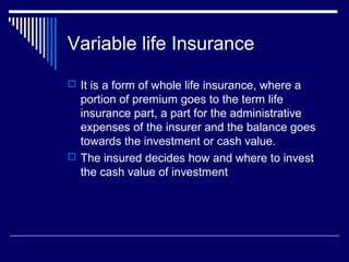 Variable Life Insurance Example Insurance products (Life Insurance) | PPT