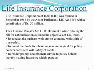 Life Insurance Corporation
20 March 2021 11
Life Insurance Corporation of India (LIC) was formed in
September 1956 by the Act of Parliament, LIC Act 1956 with a
contribution of Rs. 50 million.
Then Finance Minister Mr. C. D. Deshmukh while piloting the
bill for nationalization outlined the objectives of LIC thus:-
• To conduct the business with utmost economy with spirit of
trusteeship.
• To invest the funds for obtaining maximum yield for policy
holders consistent with safety of capital.
• To render prompt and efficient service to policy holders
thereby making Insurance widely popular.
 