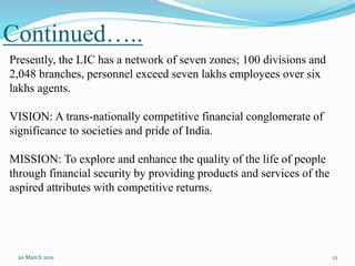 Continued…..
20 March 2021 12
Presently, the LIC has a network of seven zones; 100 divisions and
2,048 branches, personnel exceed seven lakhs employees over six
lakhs agents.
VISION: A trans-nationally competitive financial conglomerate of
significance to societies and pride of India.
MISSION: To explore and enhance the quality of the life of people
through financial security by providing products and services of the
aspired attributes with competitive returns.
 