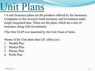 Unit Plans
20 March 2021 23
• A unit Insurance plans are the products offered by the Insurance
Companies to the investors both insurance and investment under
single integrated plan. These are the plans which are a mix of
insurance along with investments.
•The first ULIP was launched by the Unit Trust of India.
•Some of the Unit plans that LIC offers are:-
1. Wealth Plus
2. Market Plus
3. Money Plus
4. Profit Plus
 