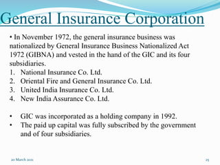 General Insurance Corporation
20 March 2021 25
• In November 1972, the general insurance business was
nationalized by General Insurance Business Nationalized Act
1972 (GIBNA) and vested in the hand of the GIC and its four
subsidiaries.
1. National Insurance Co. Ltd.
2. Oriental Fire and General Insurance Co. Ltd.
3. United India Insurance Co. Ltd.
4. New India Assurance Co. Ltd.
• GIC was incorporated as a holding company in 1992.
• The paid up capital was fully subscribed by the government
and of four subsidiaries.
 