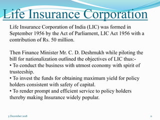 Life Insurance Corporation
3 December 2018 11
Life Insurance Corporation of India (LIC) was formed in
September 1956 by the Act of Parliament, LIC Act 1956 with a
contribution of Rs. 50 million.
Then Finance Minister Mr. C. D. Deshmukh while piloting the
bill for nationalization outlined the objectives of LIC thus:-
• To conduct the business with utmost economy with spirit of
trusteeship.
• To invest the funds for obtaining maximum yield for policy
holders consistent with safety of capital.
• To render prompt and efficient service to policy holders
thereby making Insurance widely popular.
 