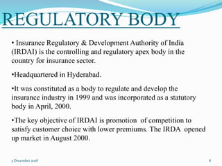 REGULATORY BODY
3 December 2018 8
• Insurance Regulatory & Development Authority of India
(IRDAI) is the controlling and regulatory apex body in the
country for insurance sector.
•Headquartered in Hyderabad.
•It was constituted as a body to regulate and develop the
insurance industry in 1999 and was incorporated as a statutory
body in April, 2000.
•The key objective of IRDAI is promotion of competition to
satisfy customer choice with lower premiums. The IRDA opened
up market in August 2000.
 