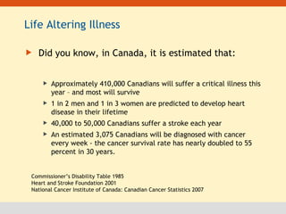 Life Altering Illness Did you know, in Canada, it is estimated that: Approximately 410,000 Canadians will suffer a critical illness this year – and most will survive 1 in 2 men and 1 in 3 women are predicted to develop heart disease in their lifetime 40,000 to 50,000 Canadians suffer a stroke each year An estimated 3,075 Canadians will be diagnosed with cancer every week - the cancer survival rate has nearly doubled to 55 percent in 30 years.  Commissioner’s Disability Table 1985 Heart and Stroke Foundation 2001 National Cancer Institute of Canada: Canadian Cancer Statistics 2007 