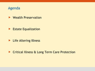 Agenda Wealth Preservation Estate Equalization Life Altering Illness Critical Illness & Long Term Care Protection 