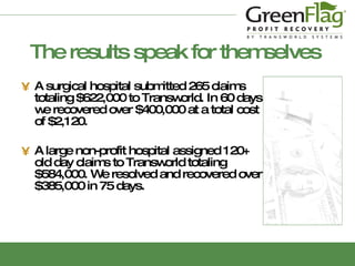 The results speak for themselves A surgical hospital submitted 265 claims totaling $622,000 to Transworld. In 60 days we recovered over $400,000 at a total cost of $2,120. A large non-profit hospital assigned 120+ old day claims to Transworld totaling $584,000. We resolved and recovered over $385,000 in 75 days . 