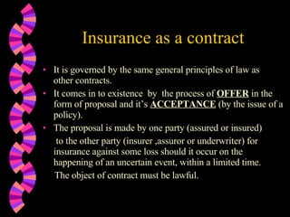 Insurance as a contract It is governed by the same general principles of law as  other contracts. It comes in to existence  by  the process of  OFFER  in the form of proposal and it’s  ACCEPTANCE   (by the issue of a policy). The proposal is made by one party (assured or insured)   to the other party (insurer ,assuror or underwriter) for insurance against some loss should it occur on the happening of an uncertain event, within a limited time. The object of contract must be lawful. 